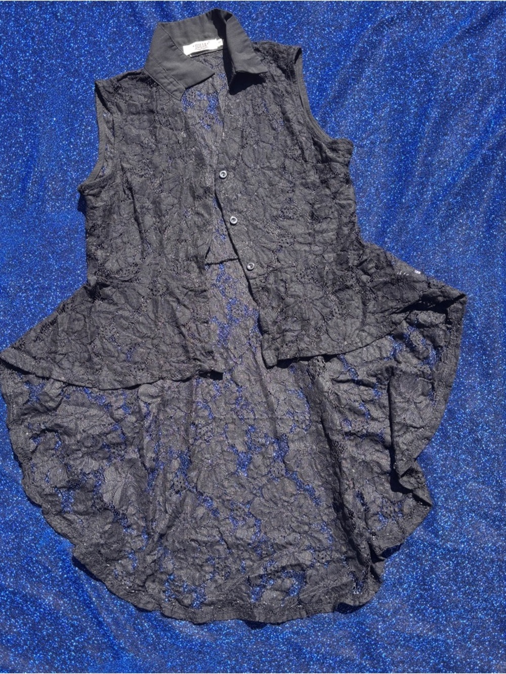 Sheer Black Lace Sleeveless Button-Front Women's Top